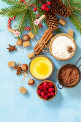 Seasonal baking winter. Ingredients for Christmas baking - cocoa, cranberries, spices, nuts, flour and eggs on a blue stone background. Flat lay. View from above. Copy space.