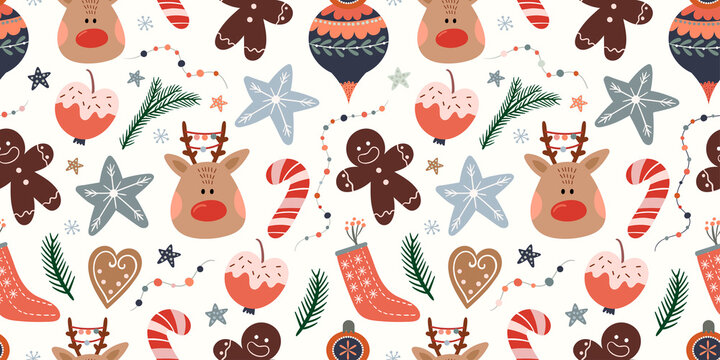 Christmas seamless pattern with cute winter elements, reindeer, candy, gingerbread and pine branch, white background
