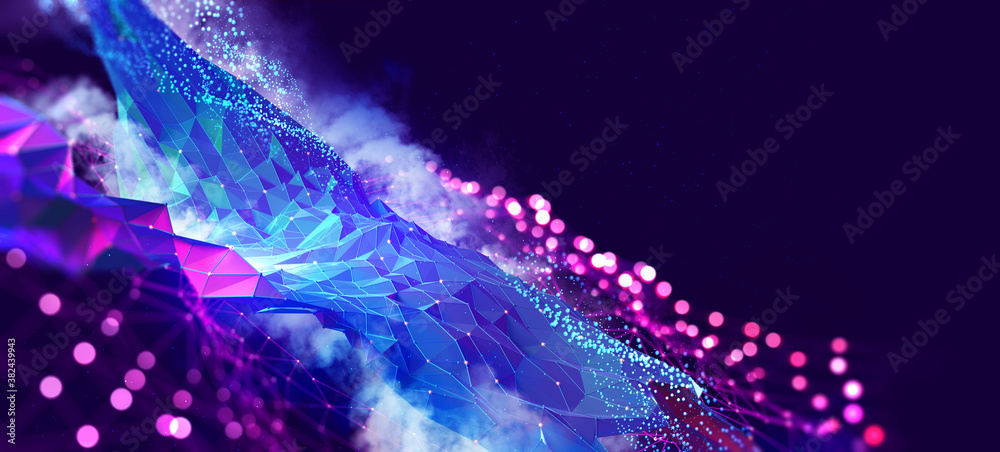 Aufkleber Cloud technologies. High tech poster. Network space. Internet communications and nanotechnology. Polygonal grid in neon light. Technocratic 3D illustration with bokeh effect