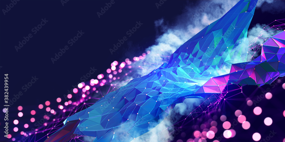 Poster Cloud technologies. High tech poster. Network space. Internet communications and nanotechnology. Polygonal grid in neon light. Technocratic 3D illustration with bokeh effect