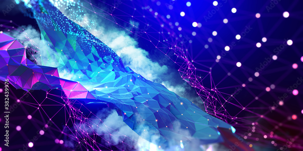 Fototapete Cloud technologies. High tech poster. Network space. Internet communications and nanotechnology. Polygonal grid in neon light. Technocratic 3D illustration with bokeh effect