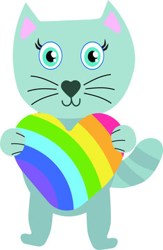 Print Hand-drawing cartoon cat. Vector heart with rainbow decoration. Element for design.