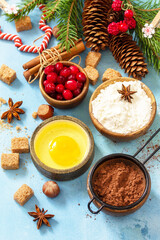 Seasonal baking winter. Ingredients for Christmas baking - cocoa, cranberries, spices, nuts, flour and eggs on a blue stone background.