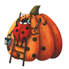 A ladybug paints a large orange pumpkin. Autumn watercolor illustration. Children's print with beetle and decorative vegetable. Stock drawing isolated on a white background