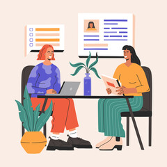 Job interview, two happy woman have business conversation recruiter with candidate for a vacancy. Head hunter hiring, young employe in flat cartoon style, web banner, concept of vector illustration. 