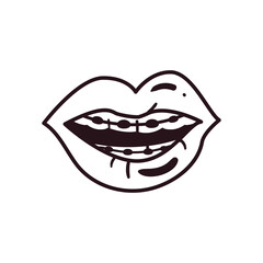 Obraz premium pop art female mouth with brackets line style icon vector design