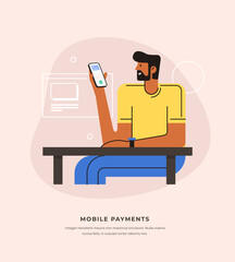 Mobile payments and online money transfers. A young man sits at a table and pays for services through a smartphone. Internet payments colorful flat vector illustration.