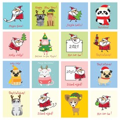 Christmas set of different Santa Clauses with christmas gifts, christmas tree, banners and other