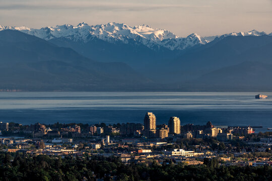 Olympic Mountains and Downtown Victoria from Mount Doug; Victoria; Vancouver Island; BC Canada