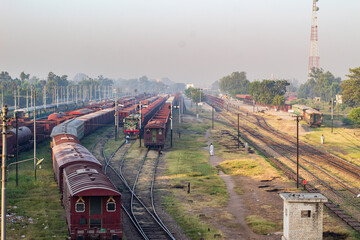 Drone Picture facing west of the Faisalabad railway station track stock photo.