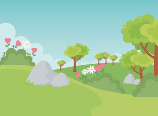 landscape stones trees flowers field nature greenery scene