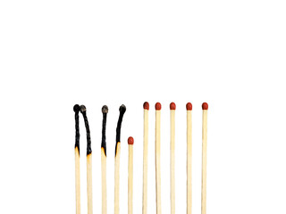 Matchsticks burn, one piece prevents the fire from spreading isolated in white background. Stay home. Stop coronavirus (2019-nCoV). Social, public concept. Universal epidemic template. 
