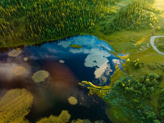 Bamselitjernet lake near Beitostolen surrounded by forests during sunset, Norway