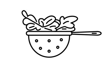 Lettuce leaves in a colander. Vector outline icon. Isolated on white.