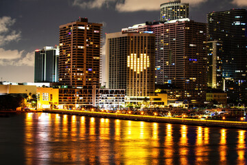 Skyline of miami biscayne bay reflections, high resolution. Miami night downtown.