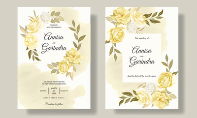   Elegant wedding invitation card template set with beautiful floral and leaves Premium Vector