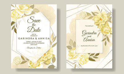   Elegant wedding invitation card template set with beautiful floral and leaves Premium Vector