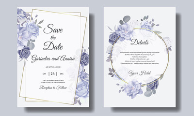  Beautiful  blue  floral frame wedding invitation card template set  Premium Vector