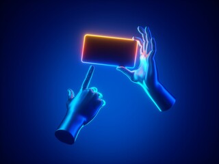 3d rendering, hands hold smart phone with colorful neon light on blue background. Digital device presentation