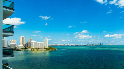 Apartment balcony view of Biscayne Bay along Brickell Bay Drive in downtown Miami