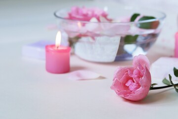 Fresh pink roses, water, petals, candles on a light background, body care products, natural home cosmetics, healthy lifestyle, alternative medicine