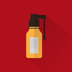 Bottle with medicine throat spray on red background. Vector illustration in flat style. 