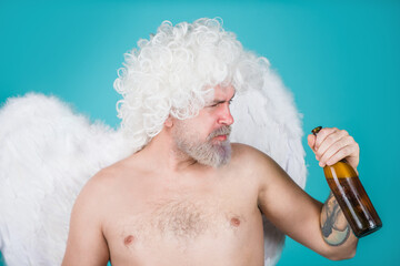 Bad cupid. Naughty drunk cupid. Valentines day. Angel with paper heart. Cupid in valentine day....