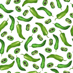 Seamless pattern with fresh green pepper on white background. Hand drawn watercolor illustration.