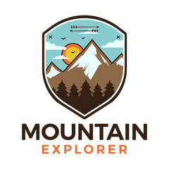 Mountain Explorer logo, retro camping adventure emblem design with mountains and trees. Unusual line art retro style sticker. Stock vector patch