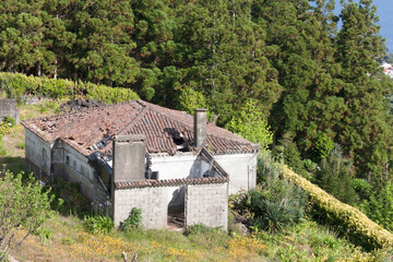 old ruined building with tiles on the roof.