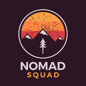 Nomad squad logo, retro camping adventure emblem design with mountains and tree. Unusual vintage art retro style sticker. Stock vector patch
