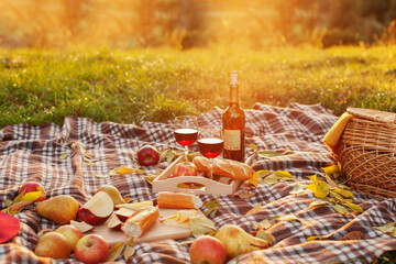 Autumn picnic background - picnic basket with fruits, bread and red wine. warm woolen blanket lying...