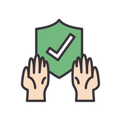 Check mark in shield with gloves line and fill style icon vector design