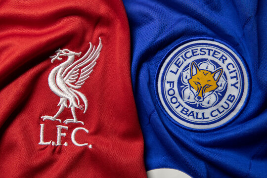 The Logo Of Liverpool And Leicester City On Football Jerseys