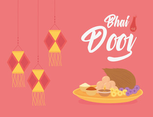 happy bhai dooj, hanging lanterns and food traditional, indian family celebration