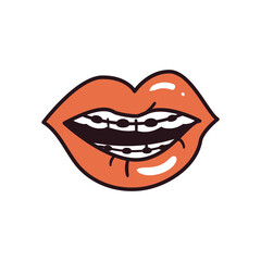 pop art female mouth with brackets line and fill style icon vector design