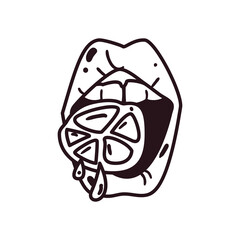 pop art female mouth with lemon line style icon vector design