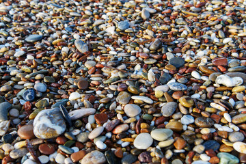 Rocks on a pebble beach. Background of multicolored stones. Background with stones.