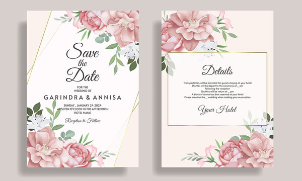 Elegant wedding invitation card template set with beautiful floral and leaves Premium Vector - Powered by Adobe