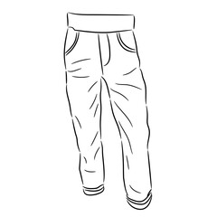 Pants jeans for children sketch from the contour black brush lines different thickness on white background. Vector illustration.