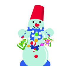 Vector drawing of a snowman with a bucket and a garland on a white isolated background in flat design. New Year mood. Print, decoration of cards, invitations