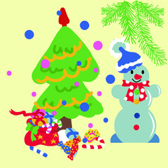 Vector drawing of a Christmas decorated tree and a snowman on a pastel background in a flat style. New Year's mood, cartoon. Print, decoration of cards, invitations