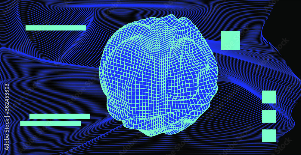 Poster glitched and distorted sphere on dark background.