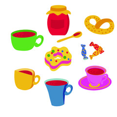 Vector drawing set of New Year sweets, colorful mugs in a flat style. New Year mood. Print, decoration of cards, invitations