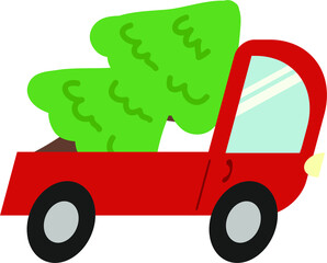 Vector drawing of a red truck with a Christmas tree on a white isolated background. New Year mood. Print, decoration of cards, invitations