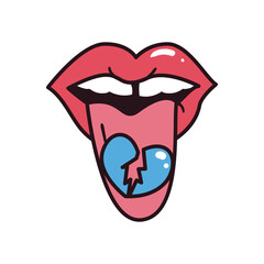 pop art female mouth with broken heart line and fill style icon vector design