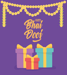 happy bhai dooj, gift boxes flowers decoration card, indian family celebration