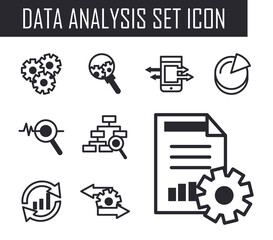 bars chart in lupe and document line style set icons vector design