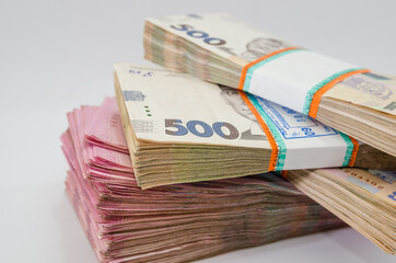 close-up of a bundle of hryvnias. Financial concept. Ukrainian banknotes of 500 and 200 hryvnia. Many Ukrainian banknotes. Monetary concept.