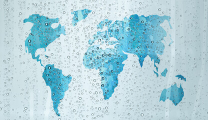 World map on window with water drops